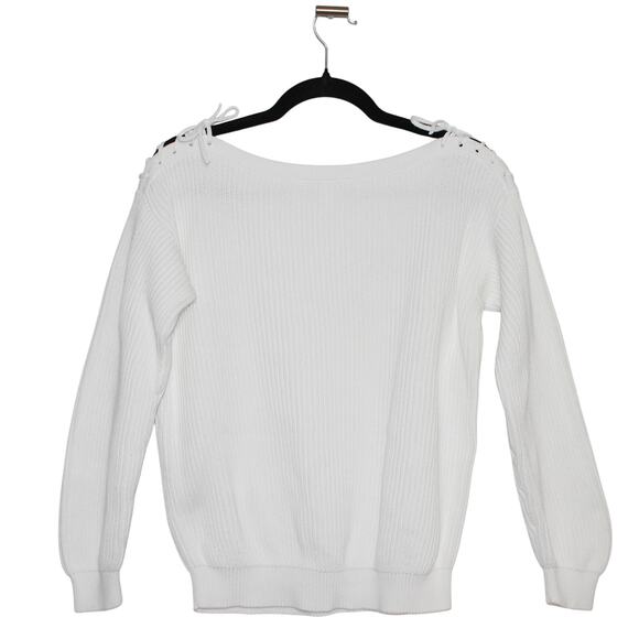 MaxMara 100% Cotton White Boatneck Knit Sweater Tie Detail Size Large - Picture 4 of 6